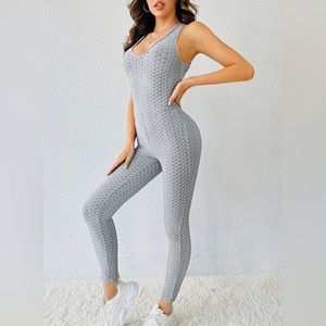 Honeycomb textured crisscross backless unitard jumpsuit